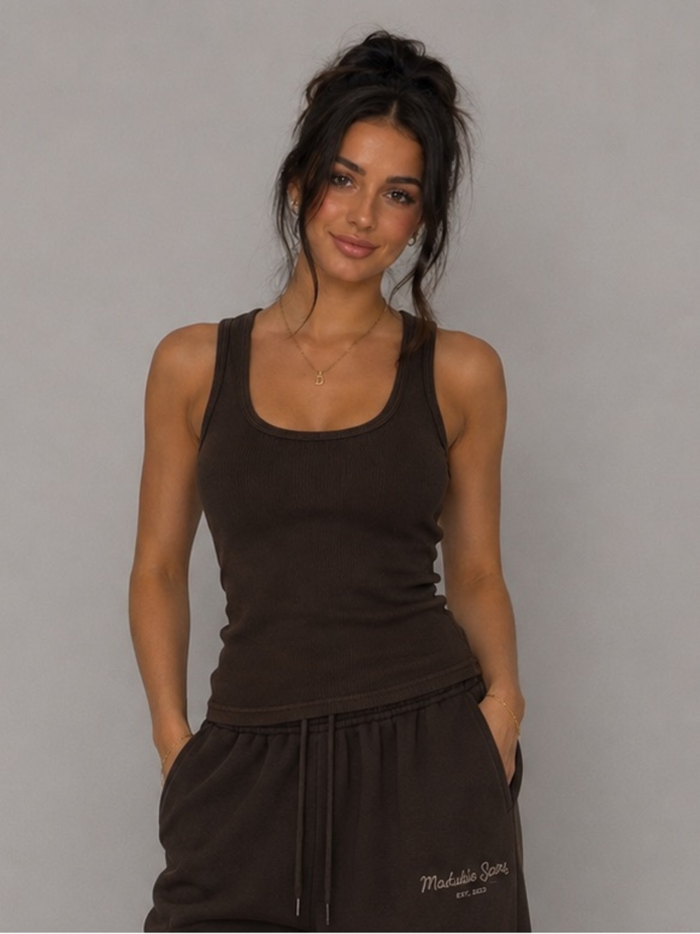 Michael Stars Brown Ribbed Tank Top Women’s One Size Stretch Scoop Neck